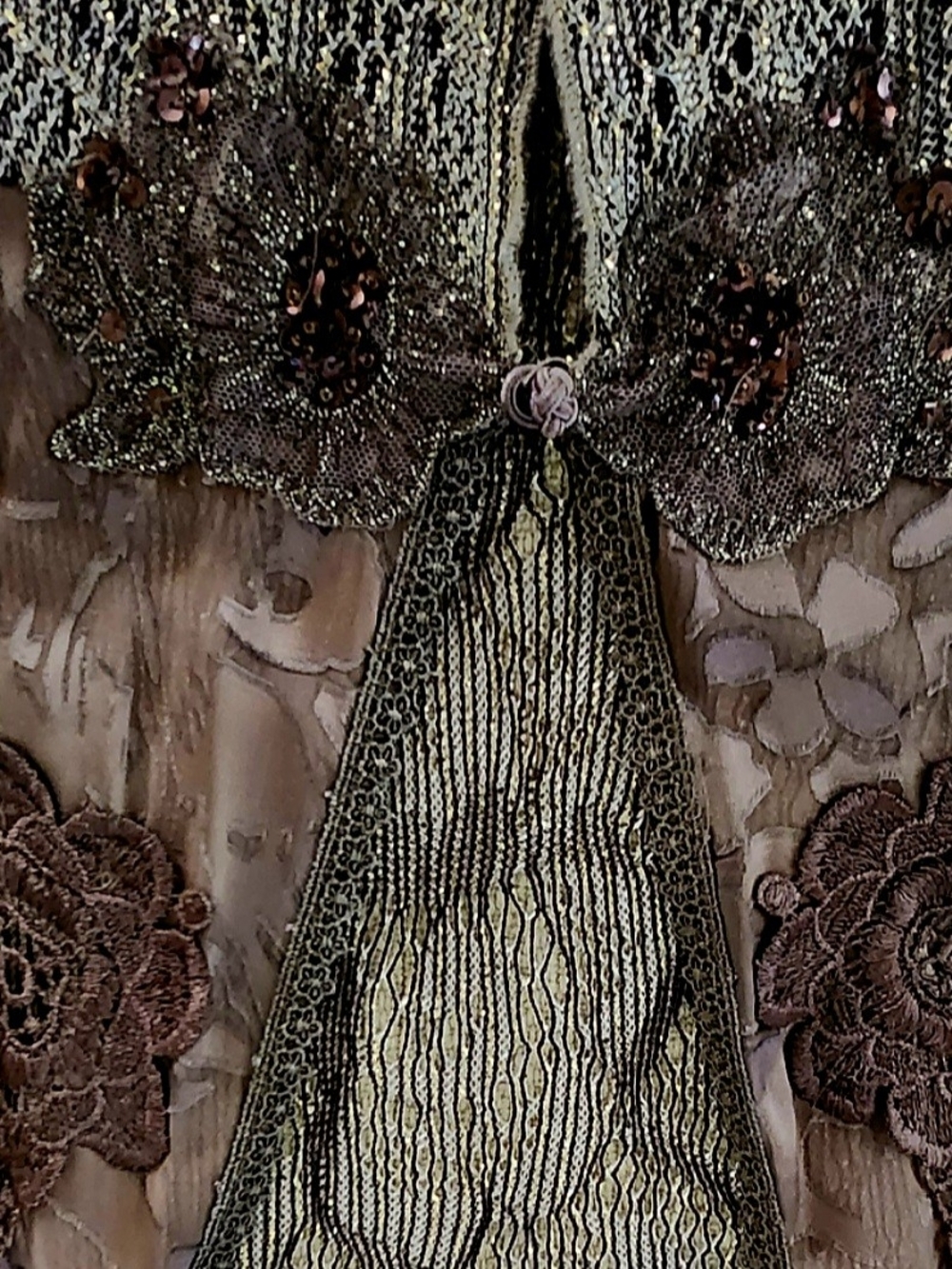 Spencer Alexis Boutique 2-piece Dress\Jacket Brown & Metallic Gold Lace, XL - Picture 5 of 16